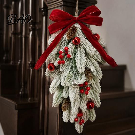 Winter Holiday Home Decor Flocked Christmas Teardrop Swag for Front Door, Artificial Pine with Red Wreaths Berries Velvet Bow, Snowy Hanging