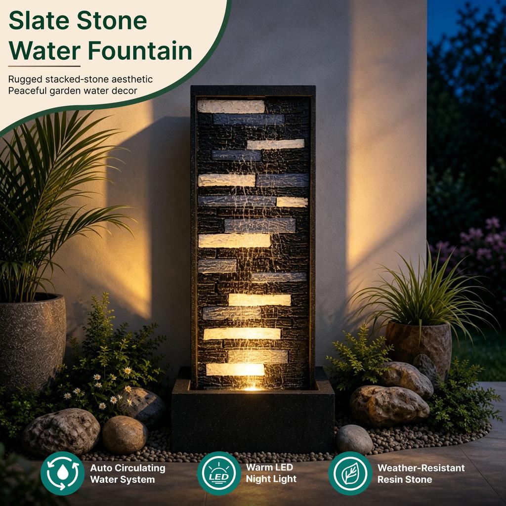Resin Slate Modern Weather Resistant Water Fountain Electric Indoor Outdoor Garden Water Feature with LED Night Light Water Pump
