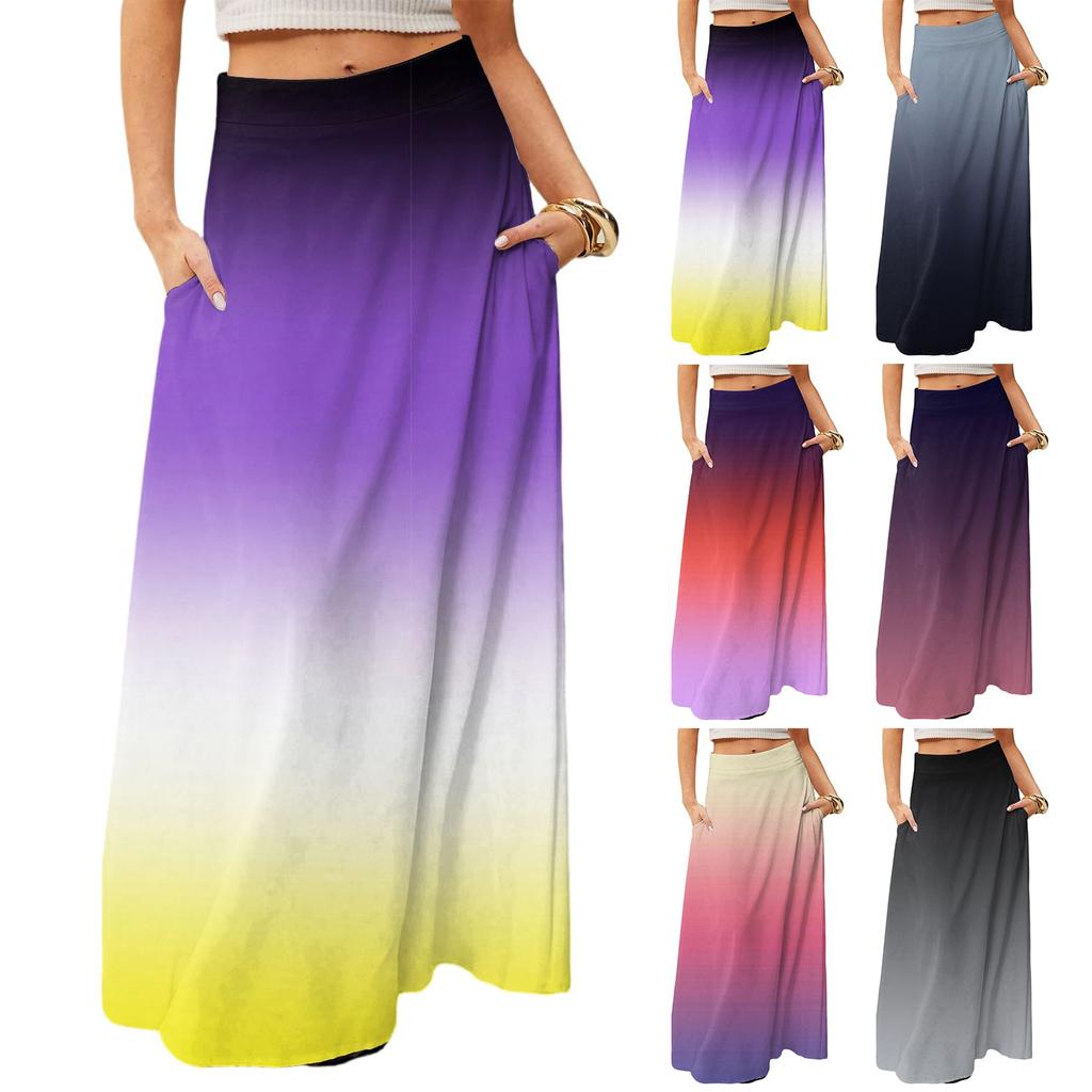 Women's Casual Leisure Foldable Gradient Print High Waist With Pocket Draped Relaxed Long Maxi Skirt