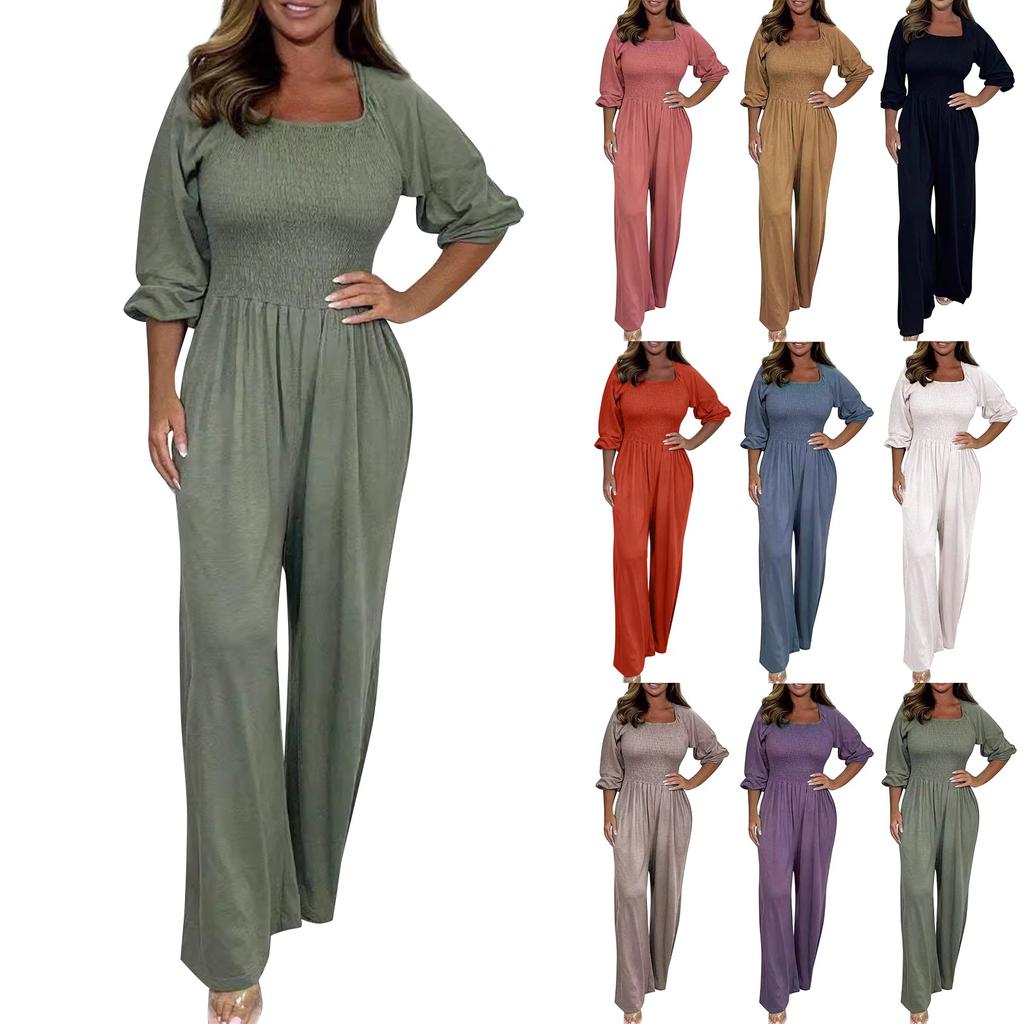 Women's Casual Solid Color Elastic Waistband Raglan Sleeves Draped Wide Leg Jumpsuit