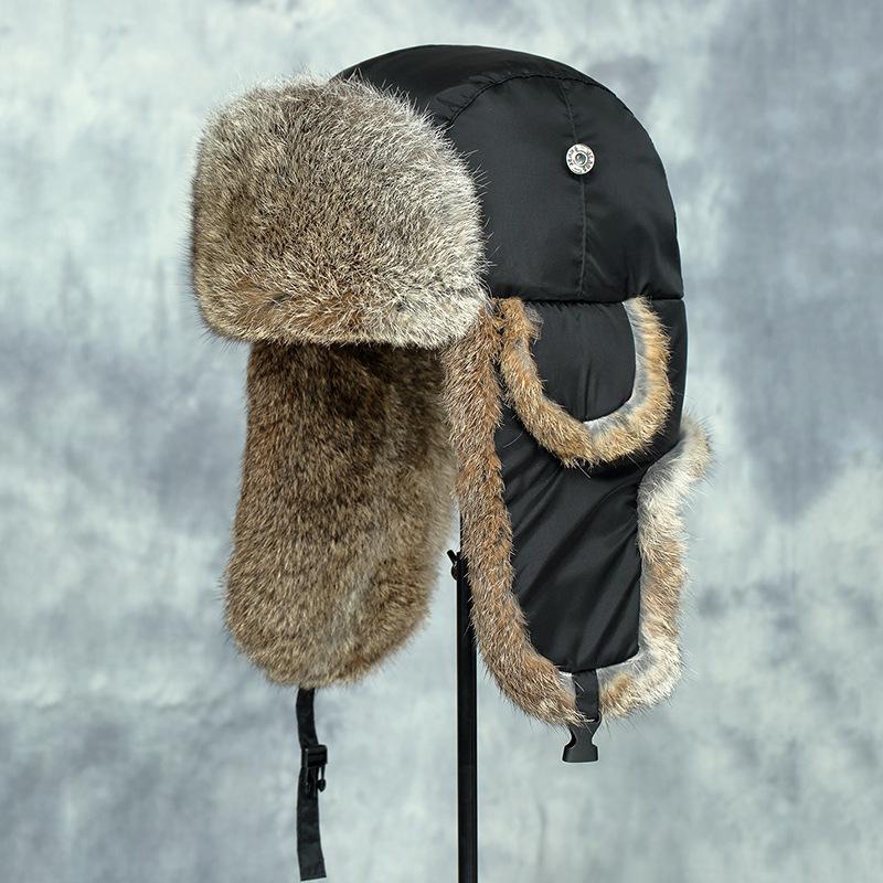 Russia Winter Real Fur Hat Unisex Outdoor Windproof Super Warm Real Rabbit Fur Bomber Hats Natural Soft Natural Rabbit Fur Caps