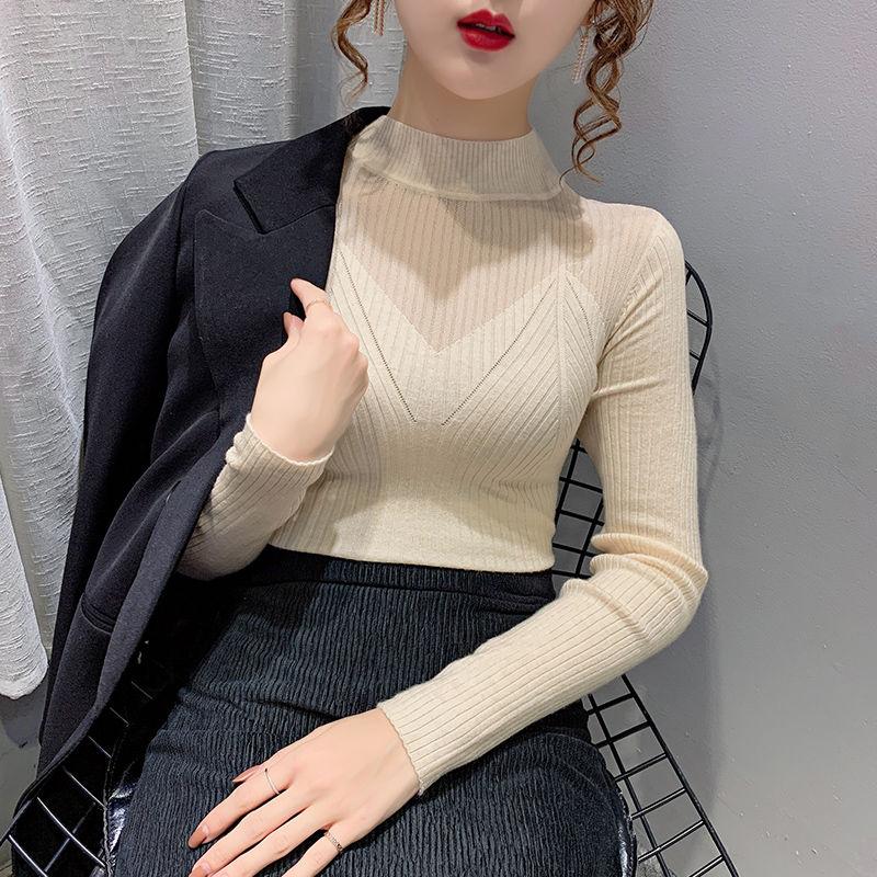 Полуводолазка, пуловер, свитер, женский осенне-зимний новый модный кружевной сетчатый вязаный топ с длинными рукавами и полой строчкой