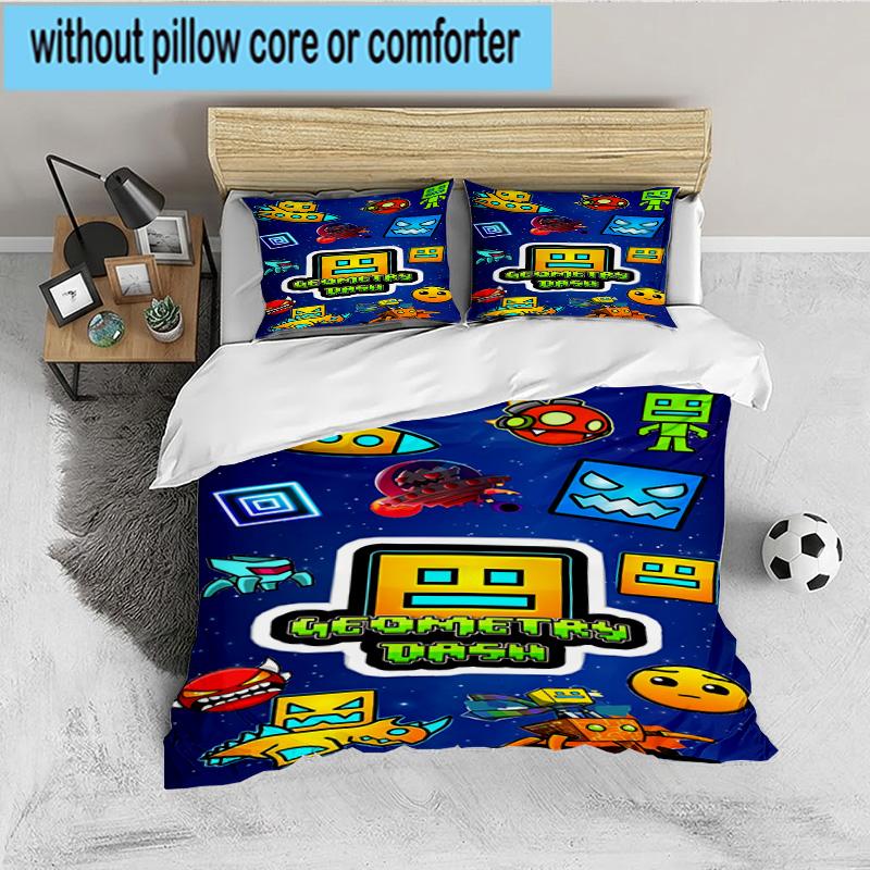Colorful Geometry Dash Characters 3PCS Bedding set,Ideal for 1pc Duvet Cover And 2pcs Pillowcases Perfect for Fan gift,Ideal for Bedroom, Dormitory
