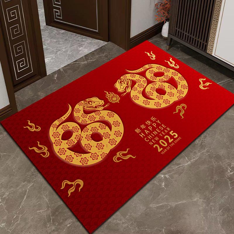 New Year Door Mat Snake Year Door Mat Festive Entryway Water Absorbent Non-slip Foot Mat Entry Door Red Carpet
