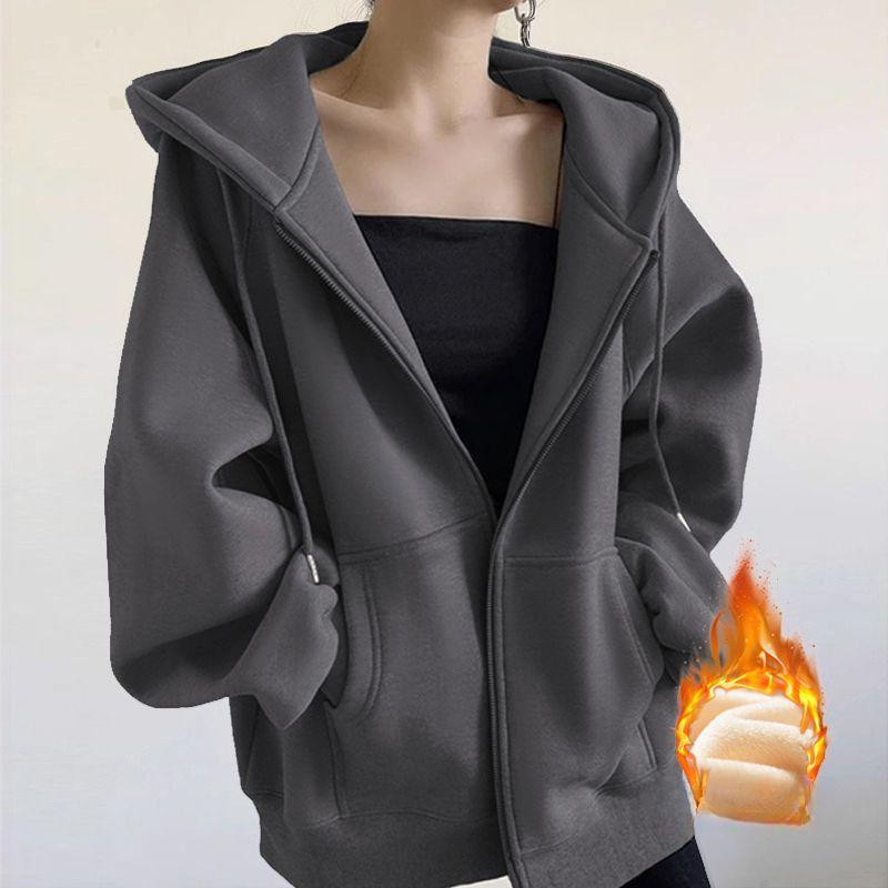 Осень-зима женская толстовка с капюшоном однотонная свободная толстовка с капюшоном женская корейская повседневная куртка на молнии