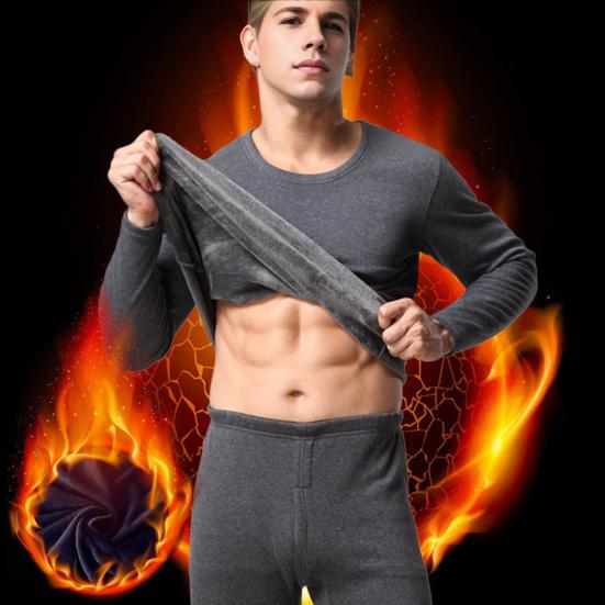 2Pcs/Set Men Warm Suit O-Neck Long Sleeve Tops Elastic Waist Long Pants Set Solid Color Plush Lining Pajamas Set