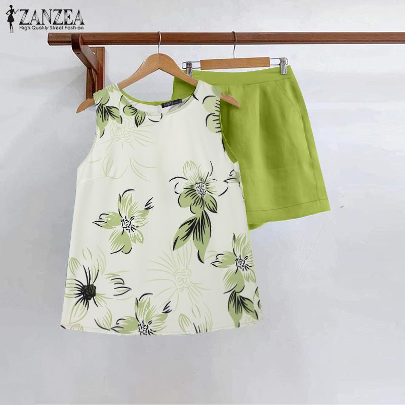 ZANZEA Женские принтованные майки и шорты, летние комплекты из двух частей