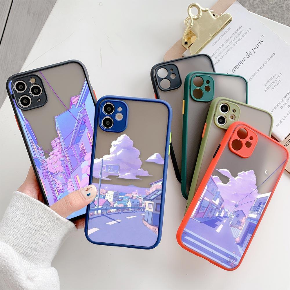 Матовый чехол для iPhone 11 12 13 14 Pm Pro Max XR X 8 7 Plus Pro XS Mini Skin Feeling Cover Япония Аниме Ручная роспись Домашний пейзаж