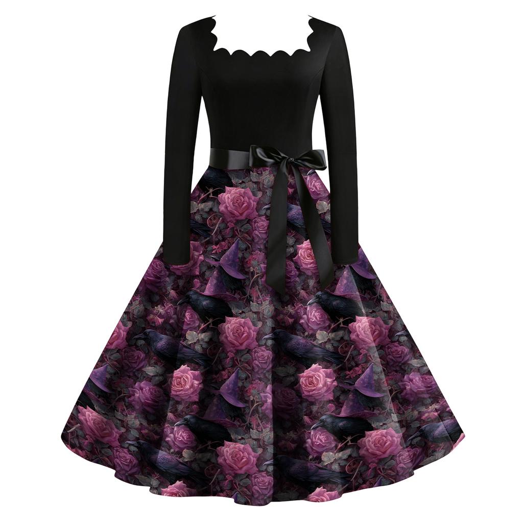 Women's Vintage Long Sleeve Square Neck Dress Halloween Skeleton Print Party Dress Retro Style Full Skirt with Waist Tie Belt