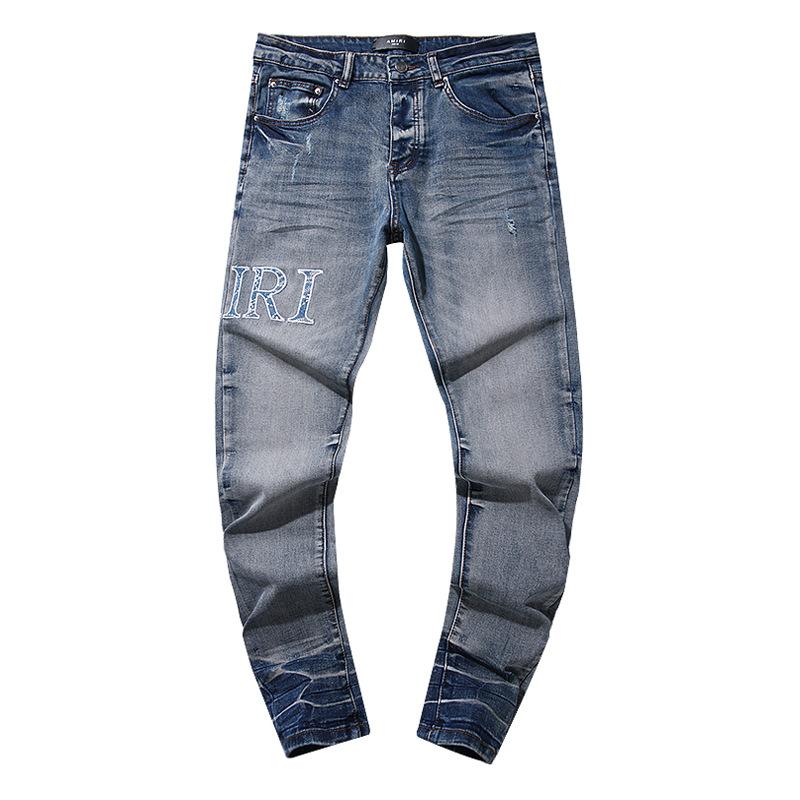 Fashion American High Street Hole & Patch Trendy Retro Straight Ami Denim Pants
