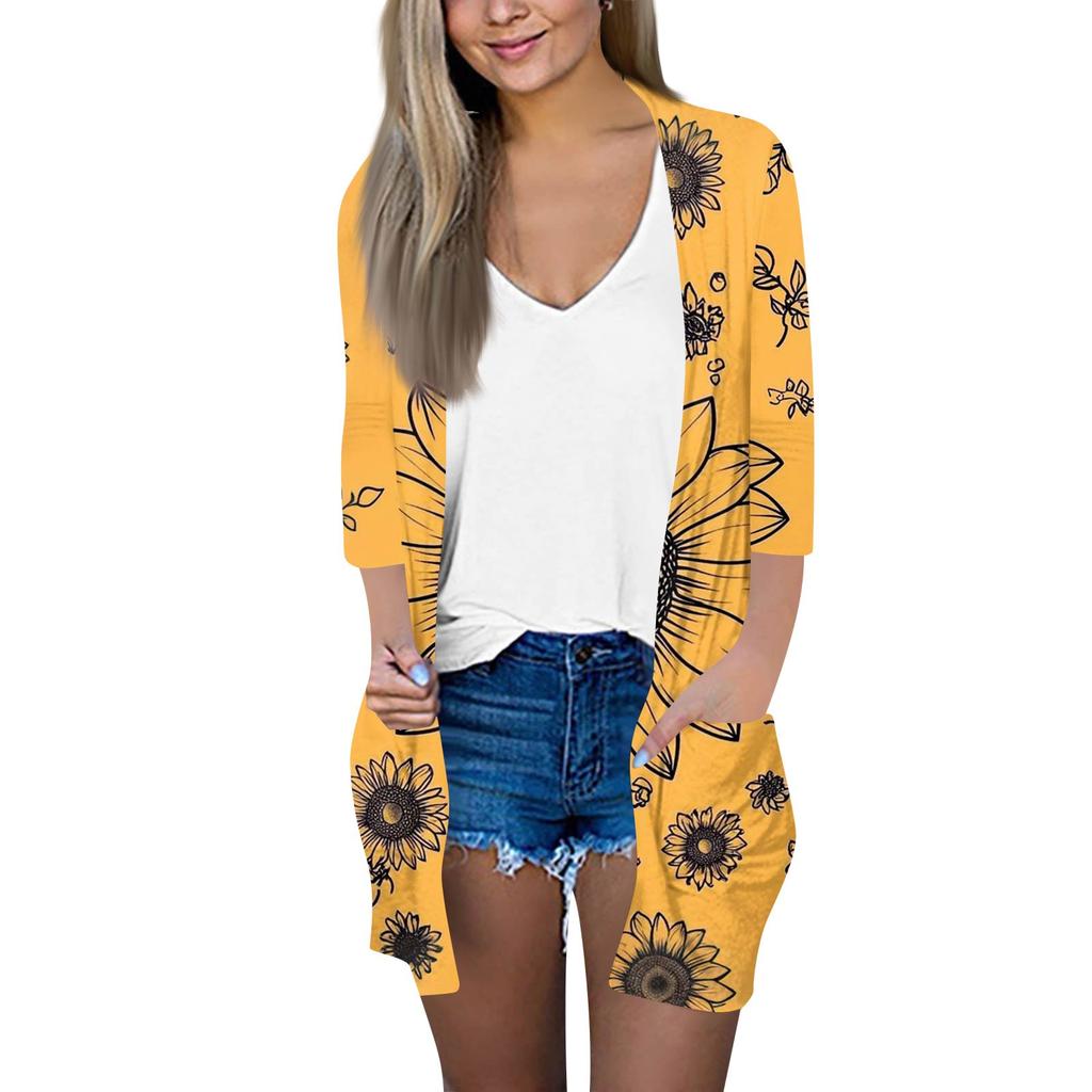 Женский модный свободный повседневный кардиган с принтом и карманами, куртка с рукавом семь восьмых, топ