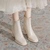 White Thick-heeled Short Boots for Women 2025 New Autumn and Winter Mid-heeled Square-headed French High-heeled Shoes Elastic Medium Tube Thin Boot