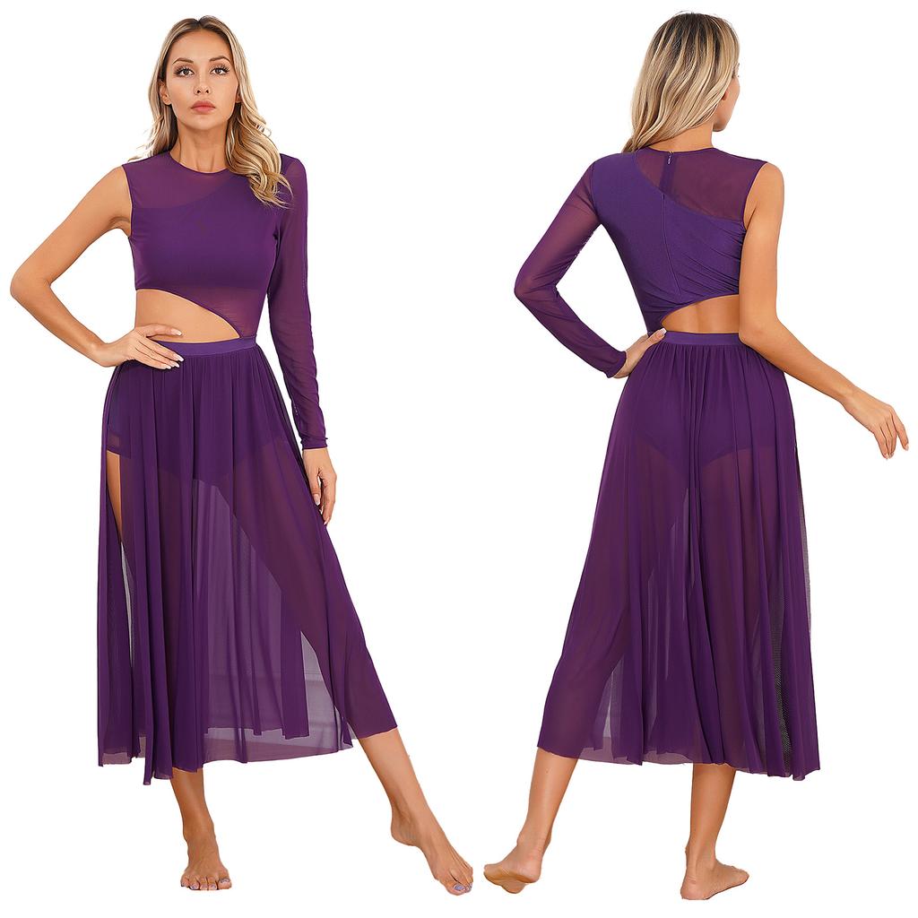 Элегантное струящееся длинное макси-лирическое платье для современного танца, сетчатое платье-майка с длинными рукавами, костюм для современного танца