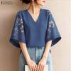 Women Casual Print Splice Short Sleeve Loose V-Neck Blouse