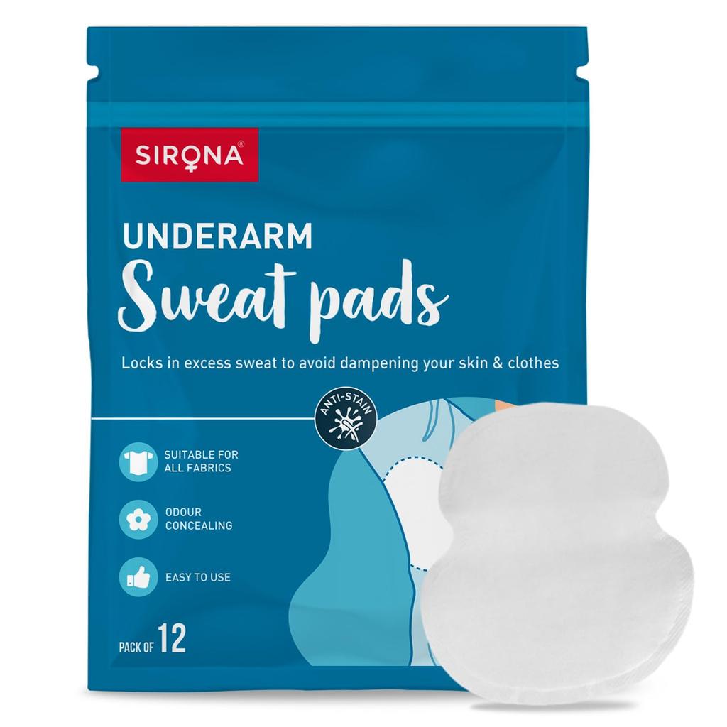 Sirona Disposable Underarm Sweat Pads for Men & Women, Self-Adhesive Peel-Off Armpit Pads, Breathable Material, 12 Pieces