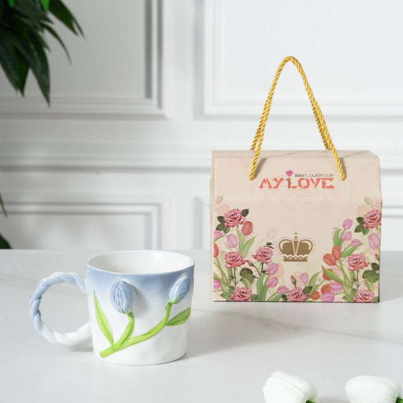 Three-Dimensional Relief Tulip White Porcelain Ceramic Water Cup Coffee Cup Souvenir Gift