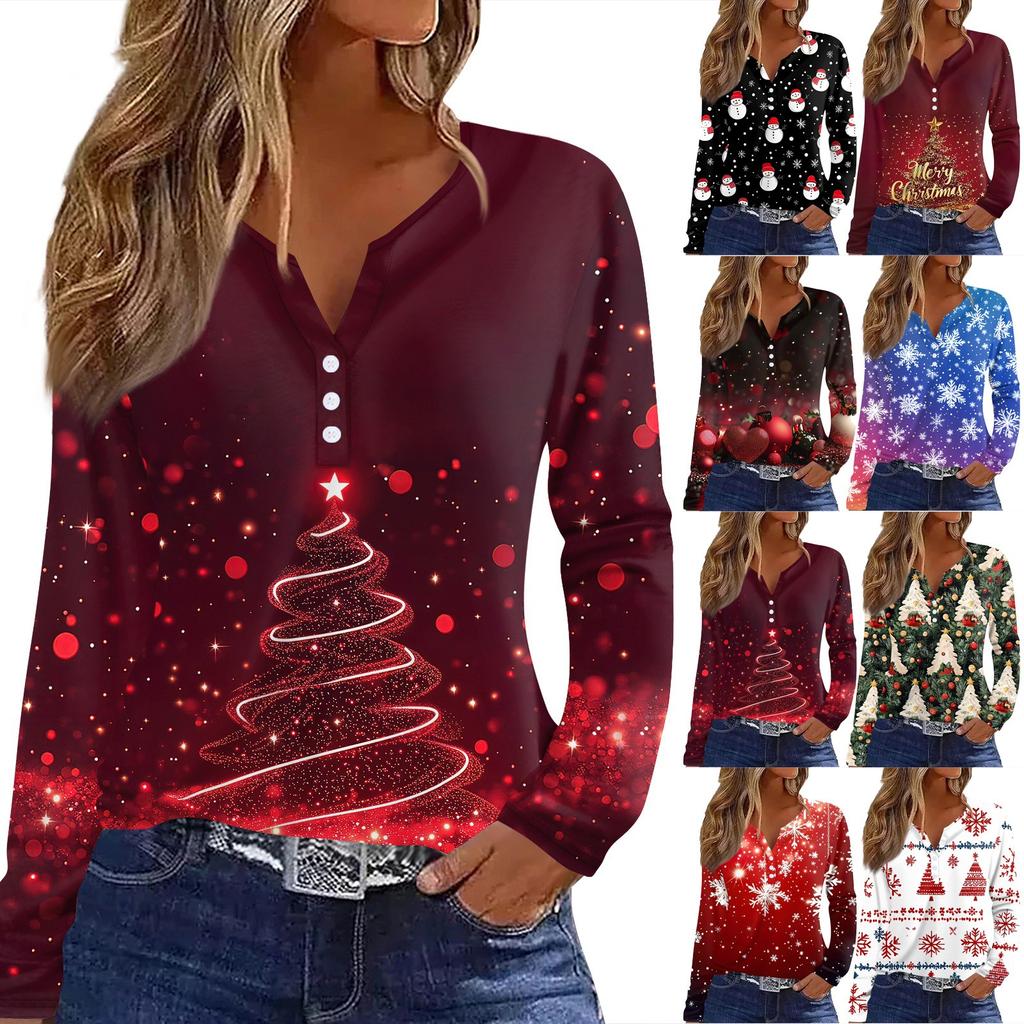 Women's T Shirt Tee Christmas Print Button Long Sleeve Daily Weekend Fashion Basic V- Neck Regular Top