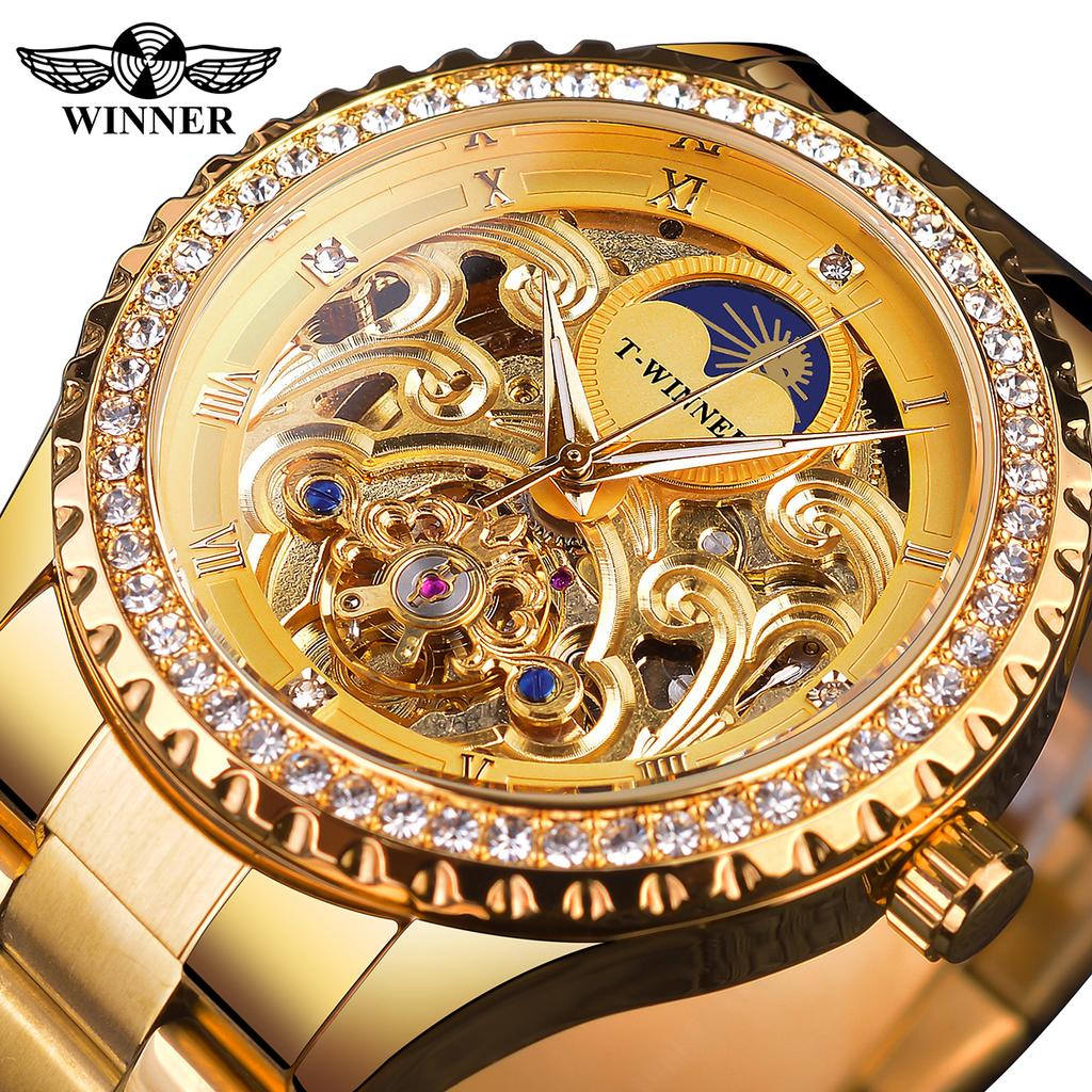 Gold Wristwatches Moon Phase Design Luxury Retro Style Diamond Mechanical Watch Stainless Steel Bracelet Skeleton Tourbillon Men Automatic Watches