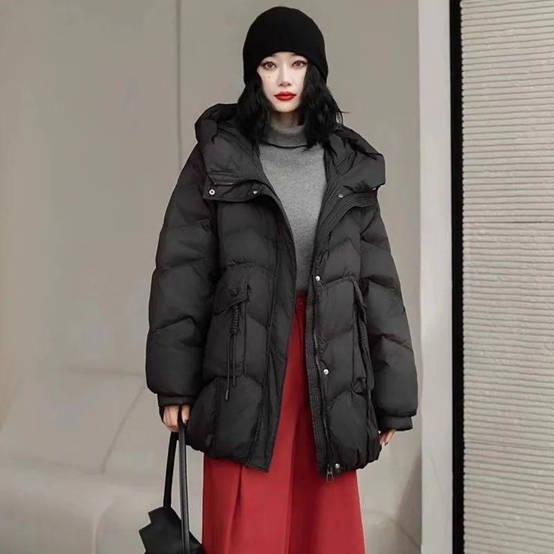 White Duck Down Jacket Hooded Autumn Winter Loose Puffer Coat Women Large Size Overcoat Thicken Female Parkas