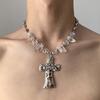 Hiphop Punk Silver Color Cross Pendant Necklace for Women Gothic Irregular Transparent Crystal Bead Necklace Street Jewelry Gift