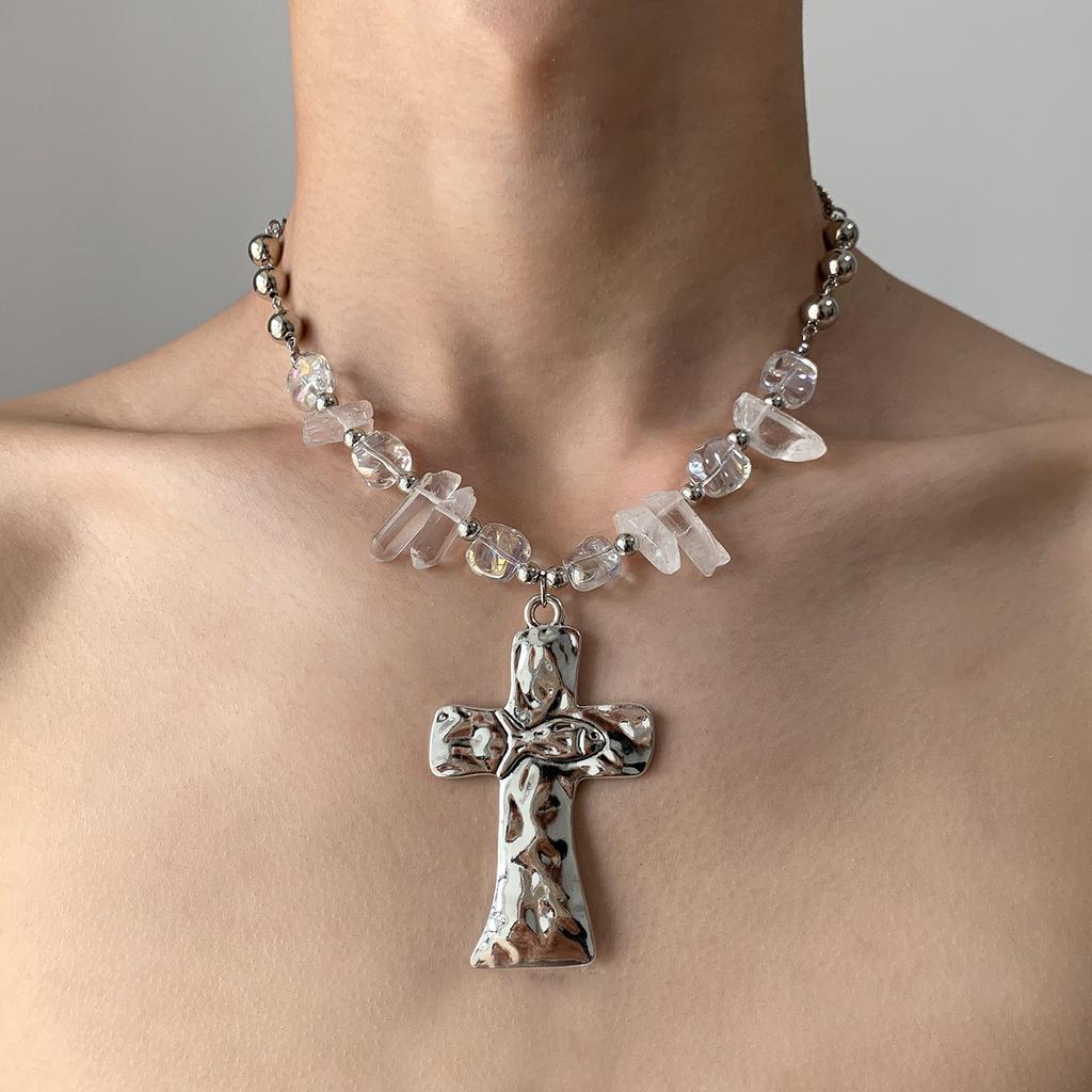 Hiphop Punk Silver Color Cross Pendant Necklace for Women Gothic Irregular Transparent Crystal Bead Necklace Street Jewelry Gift