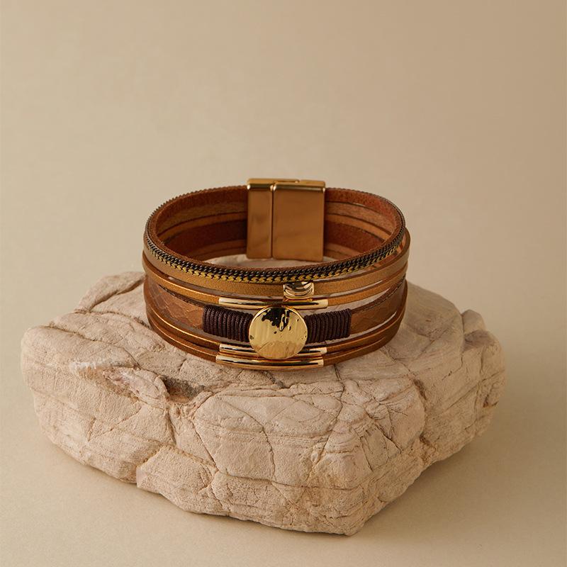 Винтажный плетеный кожаный браслет со стразами для женщин, богемный многослойный широкий браслет, ювелирные изделия для вечеринок, подарки