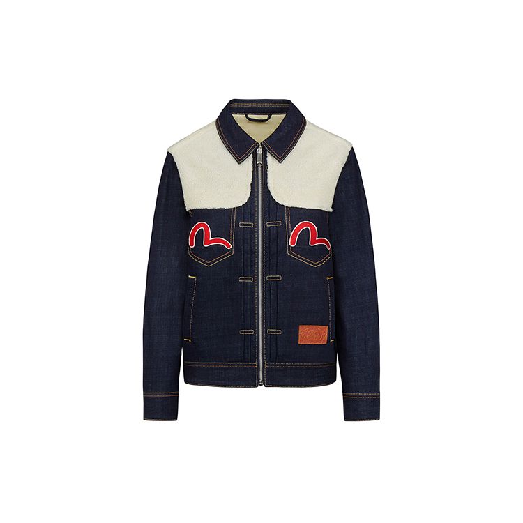 Evisu Fleece Patchwork Three-Headed Daruma Poster Denim Jacket Women Jacket 2EAHTW0DJ223LF