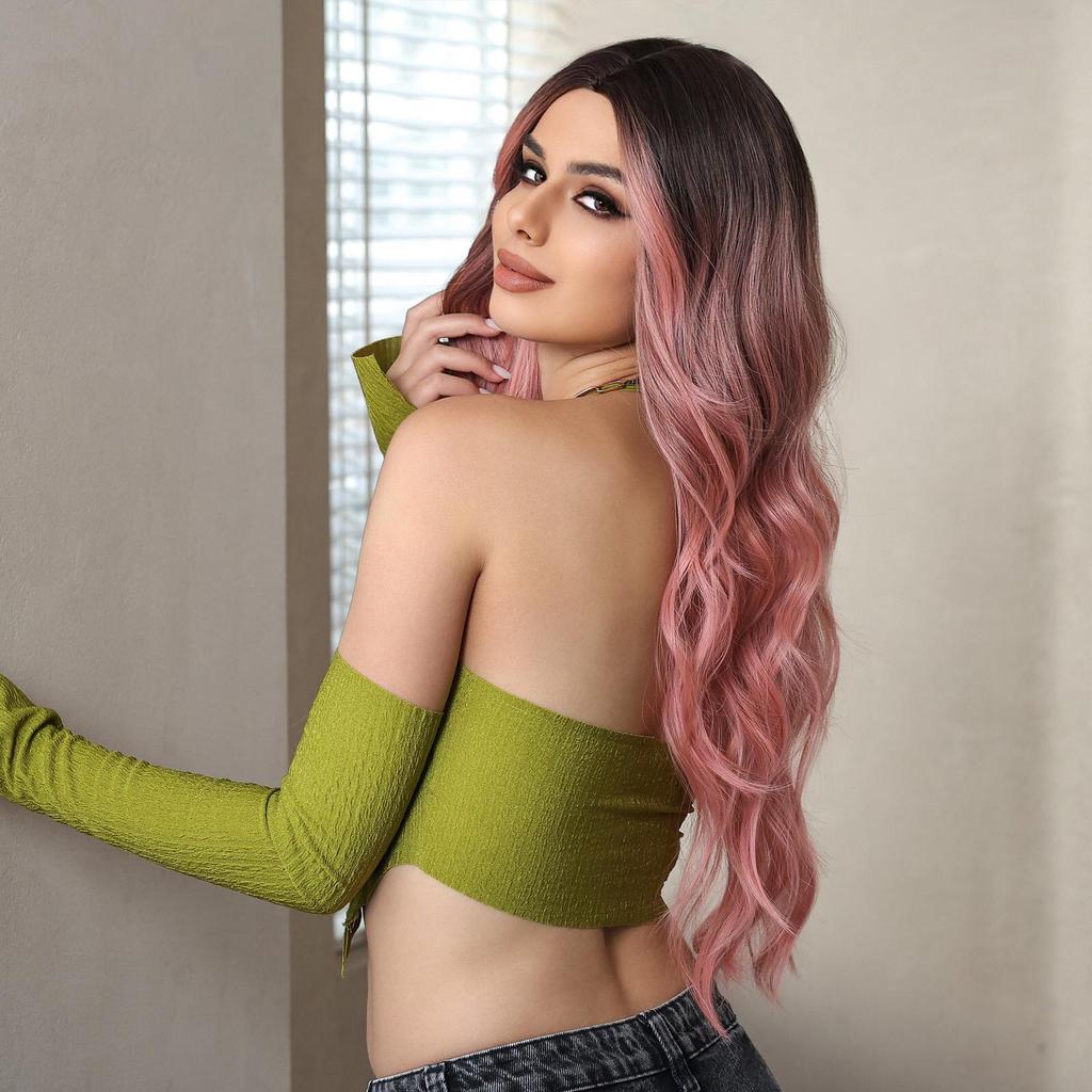 LOUIS FERRE Длинные коричневые розовые волнистые синтетические парики с омбре для женщин, натуральные волнистые вьющиеся волосы со средним пробором, косплей, повседневные волокна, парики