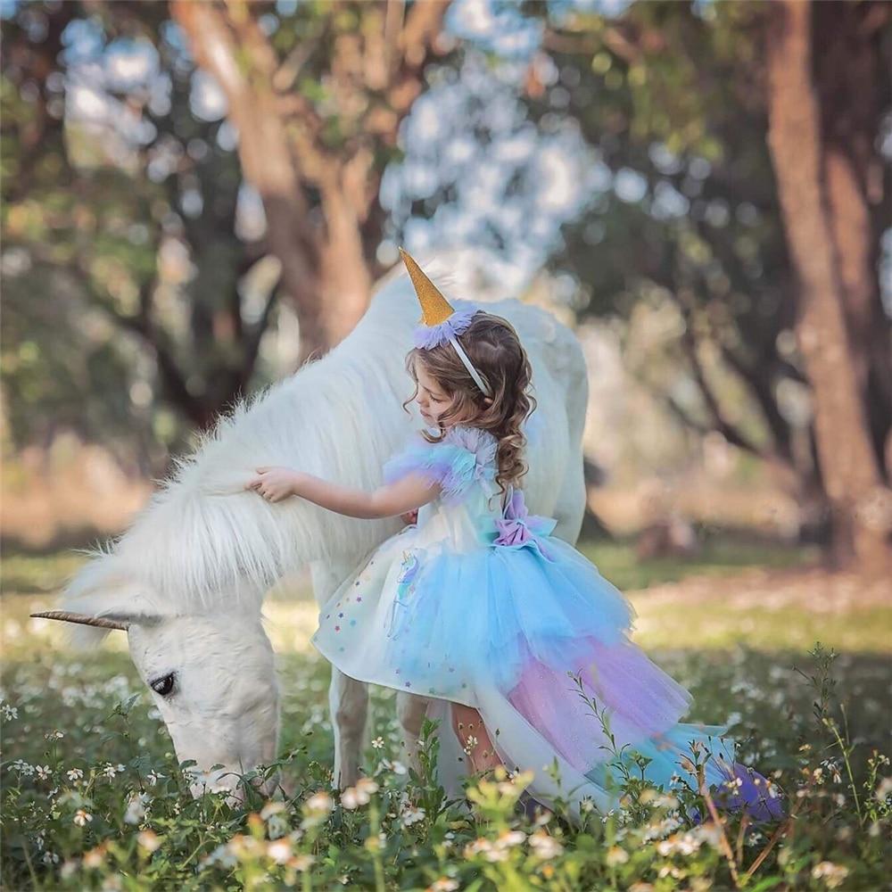 Kids Rainbow Unicorn Dress with Long Tails Party Dress for Girl Princess Costume Lol Ball Gown Baby Girls Pony Dress