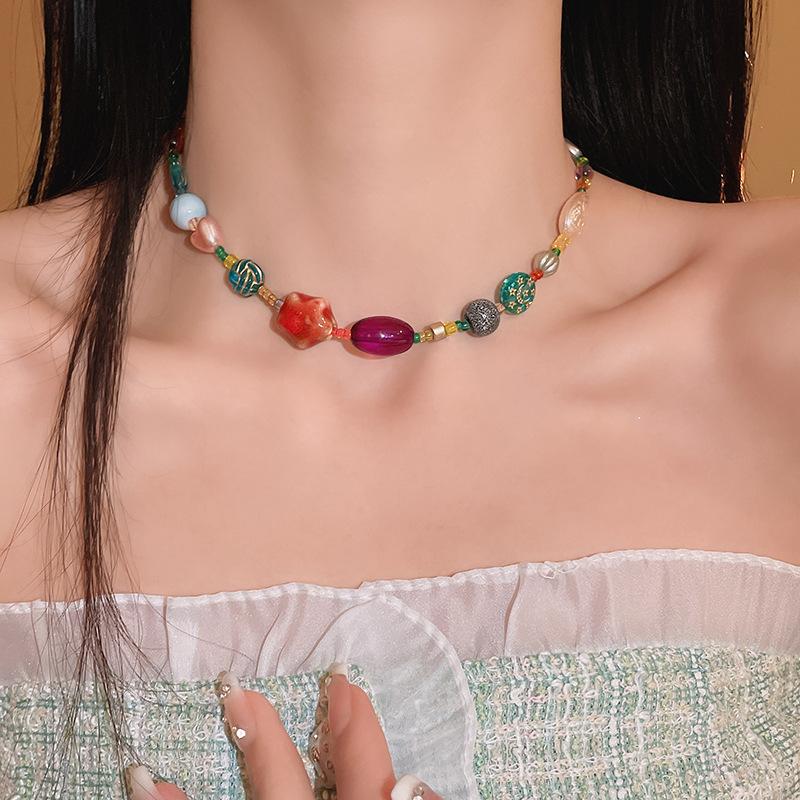 Dopamine Colored Ceramic Bead Necklace Sweet Beauty Instagram Trendy Light Luxury Design High-End Feeling Neck Chain Jewelry
