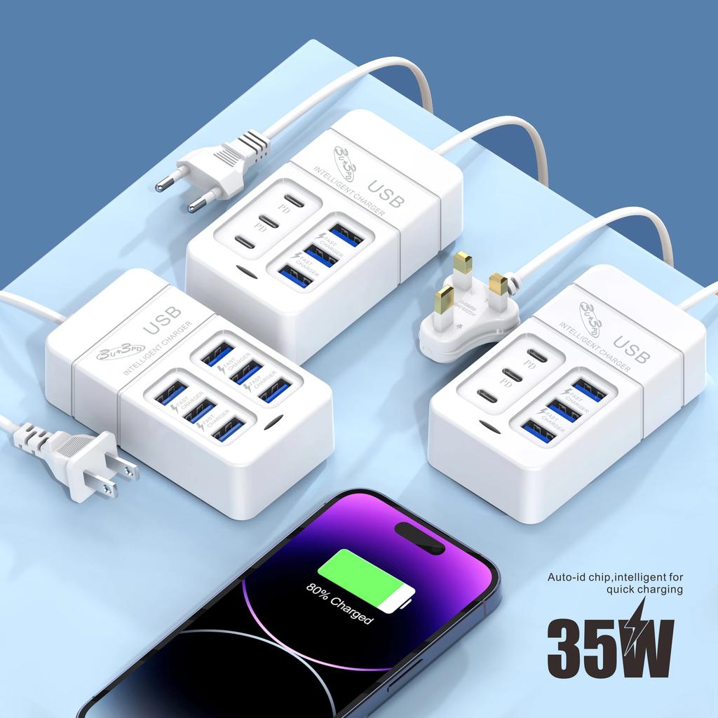 6 IN 1 USB Charger PD Type C 35W Fast Charging Wall Phone Charger Adapter Quick Charge 3.0 USB Hub EU US Plug USB Type C Charger