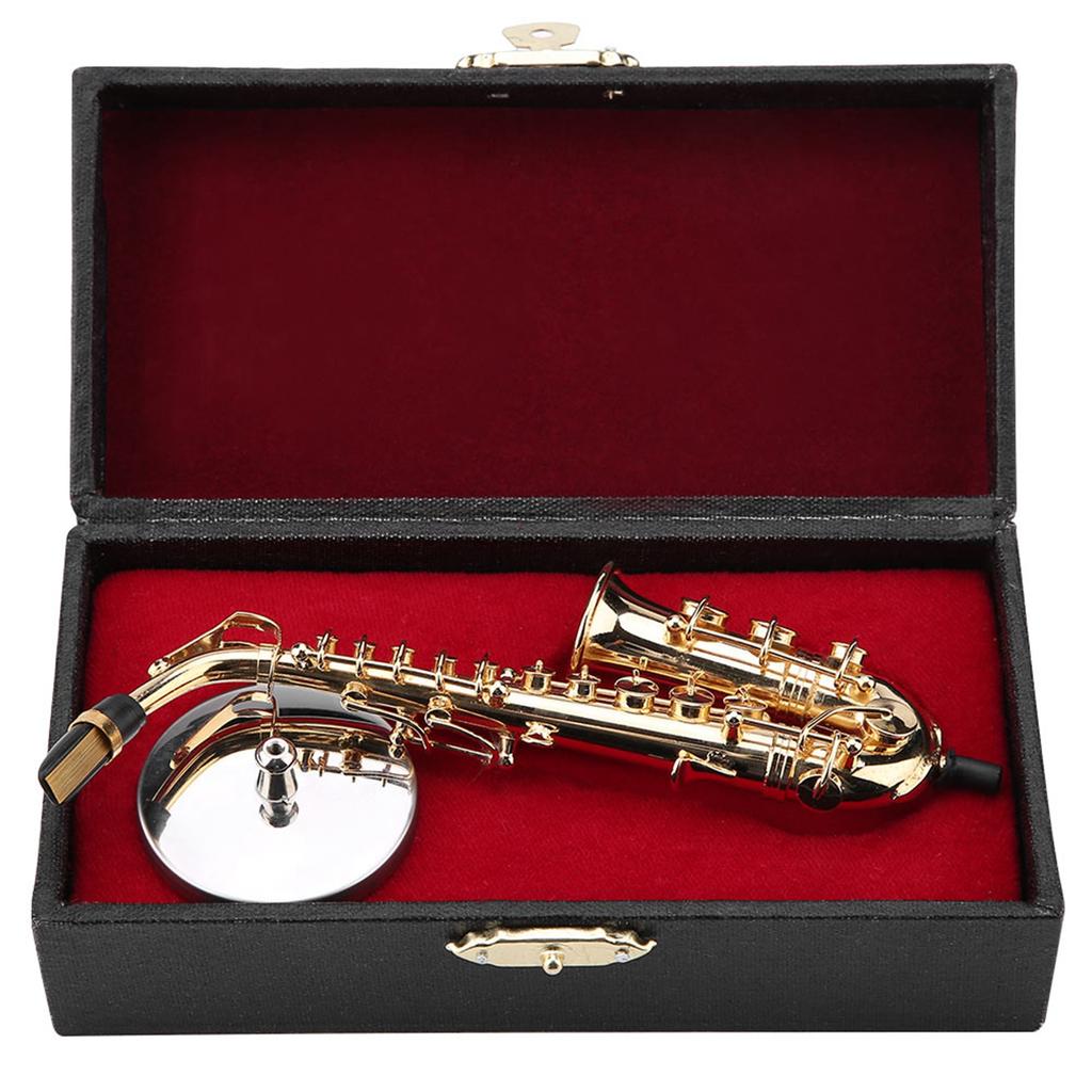 Brass Miniature Alto Saxophone Replica with Stand and Case Gold Plated Musical Instrument Model Ornaments Desk Decoration