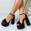 Liyke Summer Super High Platform Sandals For Women Black Fluffy Feathers Open Toe Buckle Strap Chunky Heels Party Stripper Shoes