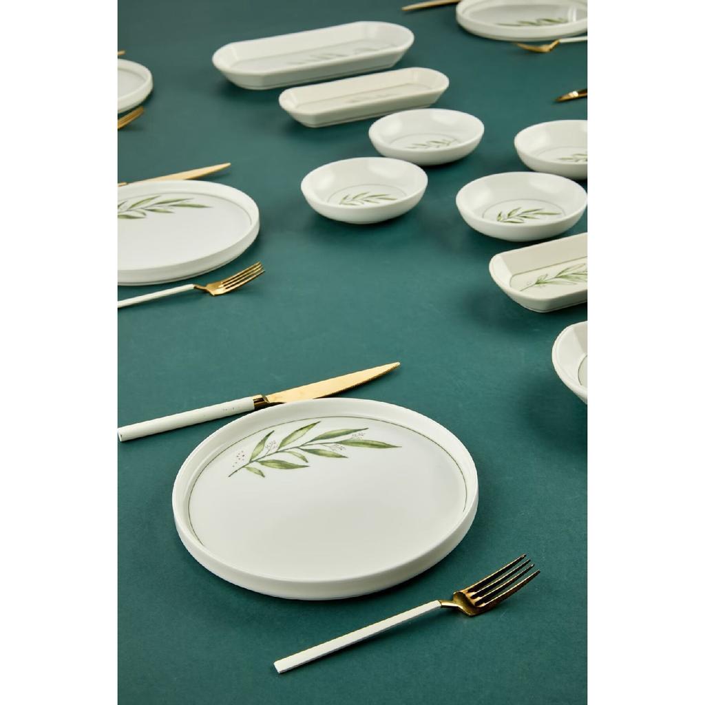 Botanical Green Camellia Leaf Patterned Luxury Ceramic 14 Piece Breakfast Set For 6 Persons