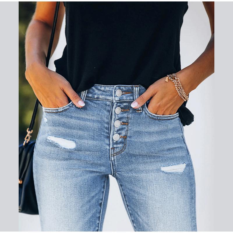 Женские облегающие джинсы с высокой талией, летние длинные джинсовые брюки с несколькими пуговицами и перфорацией, высокоэластичные офисные женские джинсы