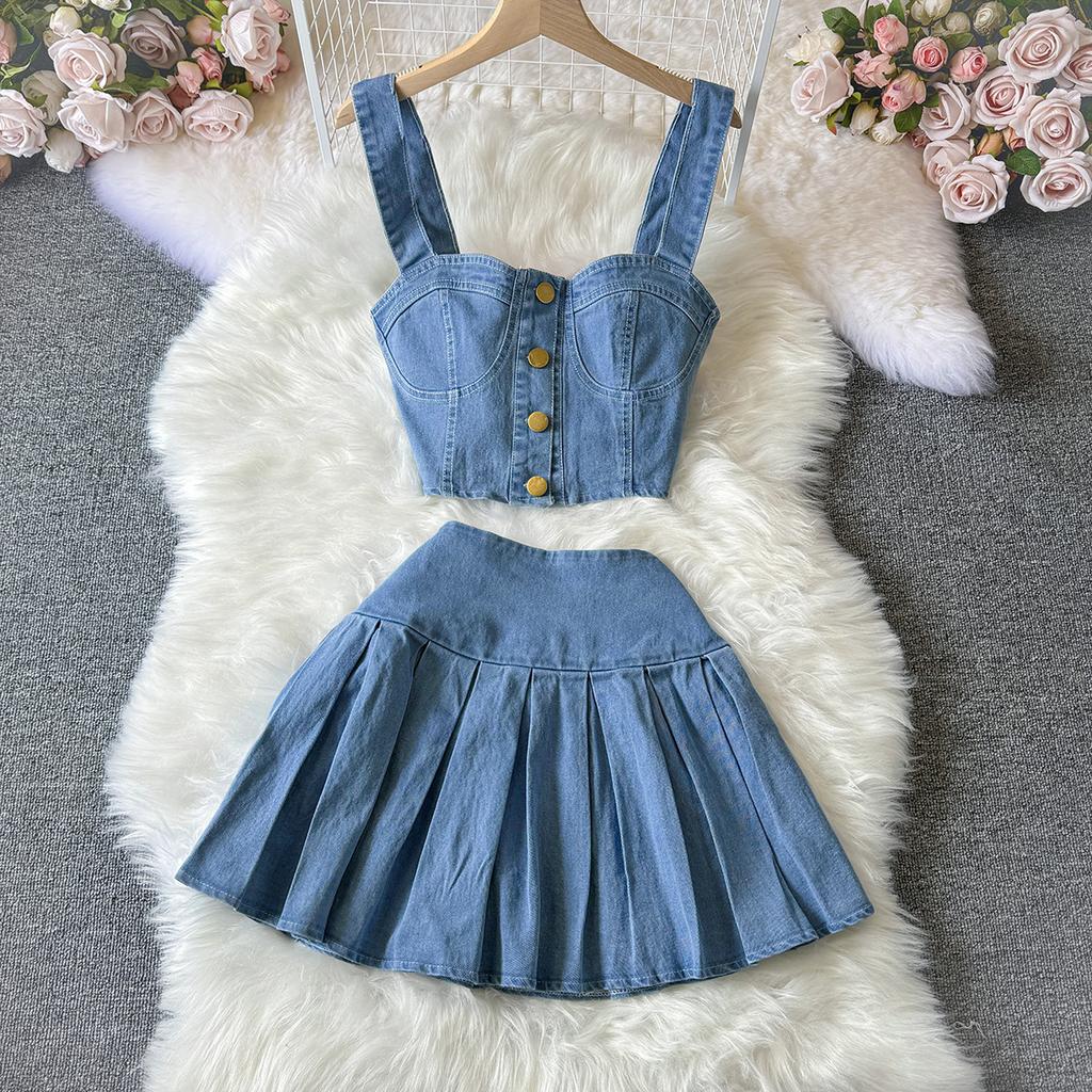 Women's Chic Hong Kong Style Retro Suit Short Camisole Vest Mini Denim Skirt Suit