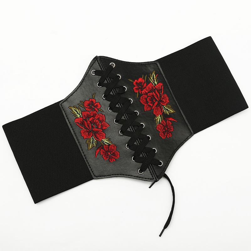 New Women's Extra Wide Corset-Style Embroidered Waist Belt with Bow Tie Chain