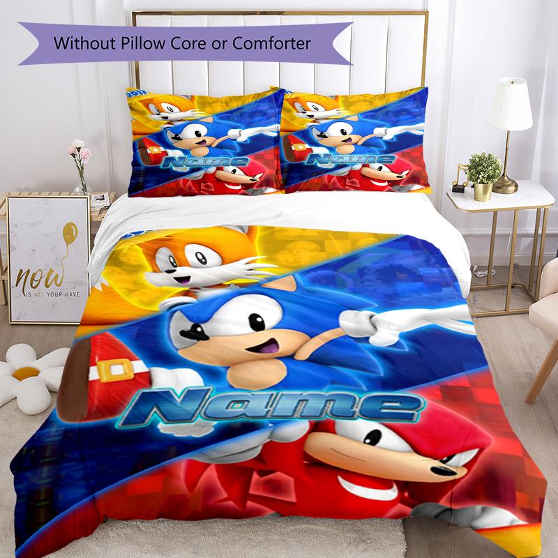 3pcs Custom Name Sonic Bedding Set Duvet Cover Closure Includes 1 Duvet Cover & 2 Pillowcases, Soft and Comfortable for All Seasons.