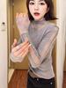 Women's Gray Lace Patchwork High Neck Long Sleeve T-shirt – Stylish Winter 2026 Base Layer