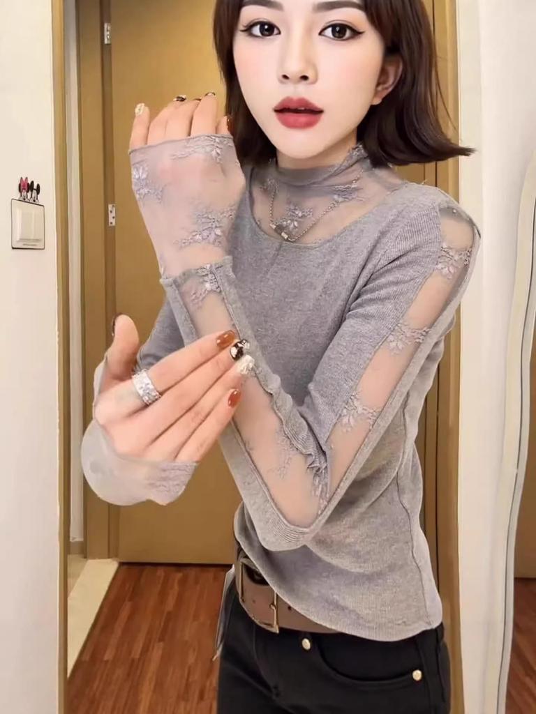 Women's Gray Lace Patchwork High Neck Long Sleeve T-shirt – Stylish Winter 2026 Base Layer