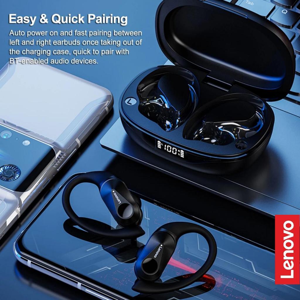 Lenovo Спортивные беспроводные наушники LP75 с микрофонами, кнопочным управлением, светодиодным дисплеем питания, стереозвуком Hi-Fi Bluetooth 5.3 TWS-наушники