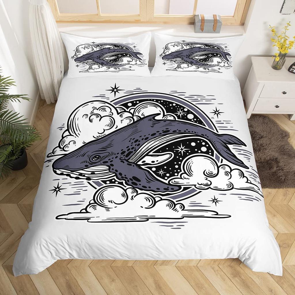 Cat Duvet Cover Set Watercolor Whale Fishing Bedding Set Ocean Sea Wave Comforter Cover Marine Nautical Themed Bedspread Cover