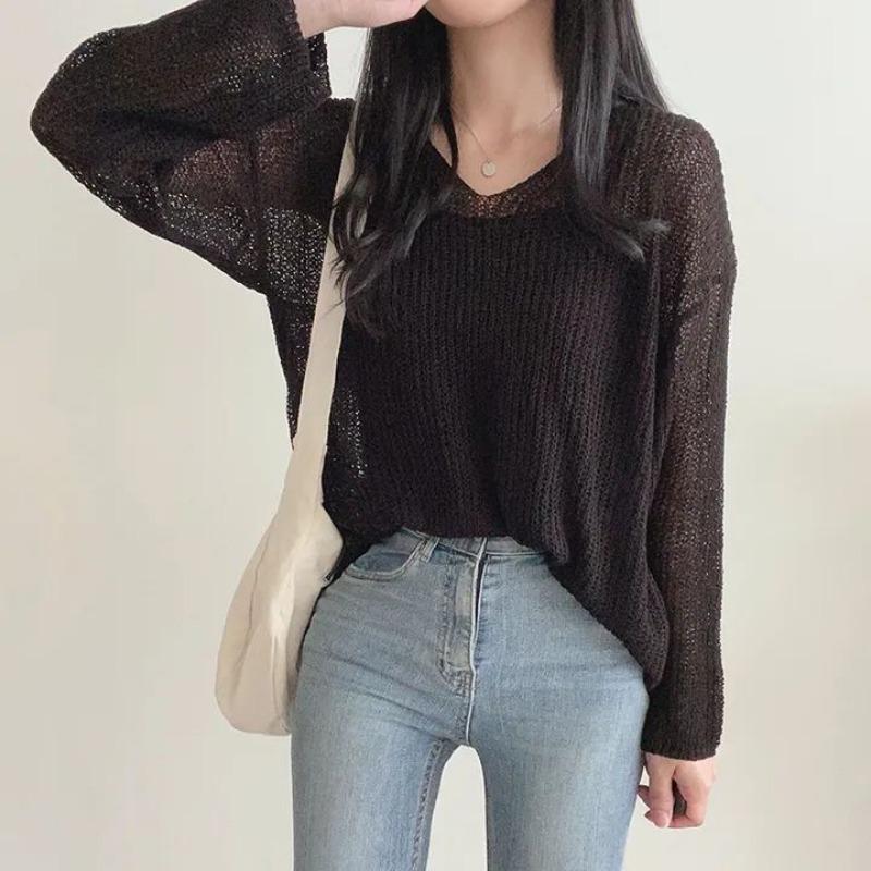 V-neck Fashion Loose Pullover Knitted Sweater Thin Sunscreen Blouse Women Long Sleeve Cover Up 2025 New Elegant Solid Knitwear Korean Solid Color Top