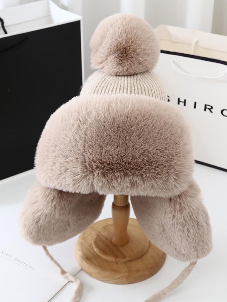 Женская зимняя шапка Утолщенная Лыжная Плюшевая Вязаная Теплая Однотонная Высокого Качества Милая Шапка-ушанка EMA