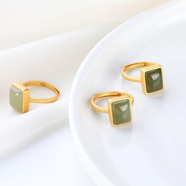 S925 Стерлингового Серебра Темпераментный Персонализированный Натуральный Нефрит Hetian Зеленый Нефрит Кольцо Геометрический Простой Орнамент для Женщин