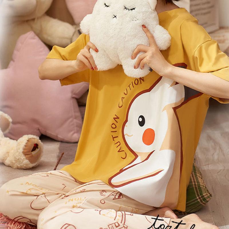 Женский летний пижамный комплект - Круглый вырез, Короткий рукав, Брюки длиной семь восьмых, Удобный повседневный костюм-двойка