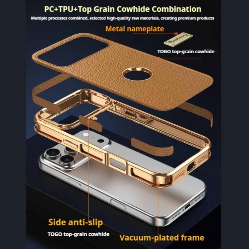 Phone Case For iPhone 17 Pro Max Air 17 16 15 14 Pro Electroplated TOGO First Layer Cowhide Wireless Charging Magnetic Suction