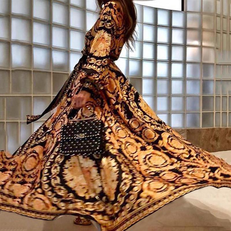 Платье-халат в стиле бохо с V-образным вырезом и цветочным принтом, длинные рукава 2024 года