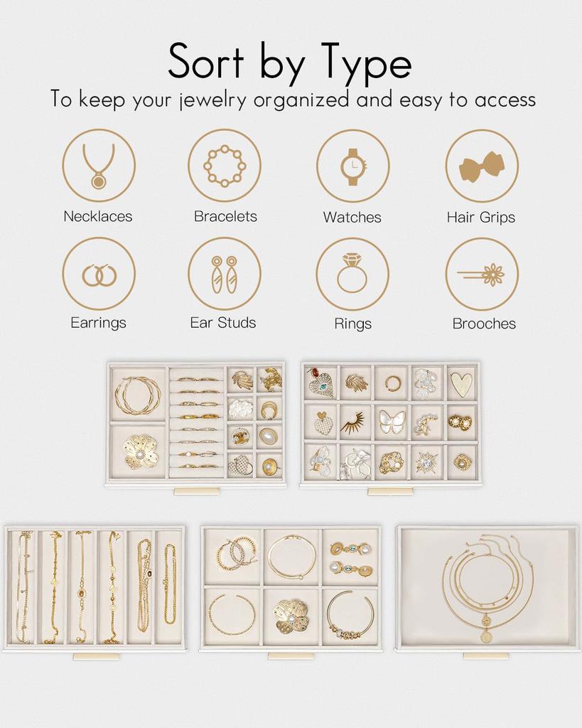 Vlando Стеклянная крышка 5-ящичковый шкатулка для украшений для женщин, Органайзер для ожерелий, колец, сережек, браслетов и аксессуаров (белый)