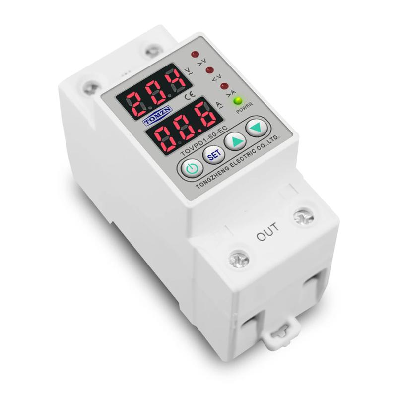 Din Rail Dual Display Adjustable Over Voltage Current And Under Voltage Protective Device Protector Relay 40A 63A 80A 220V 230V